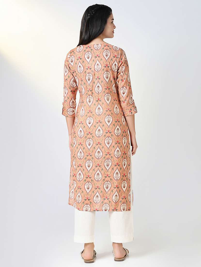 Women Peach Printed Three Quarter Sleeve Straight Kurta - 21721702 -  Standard Image - 3