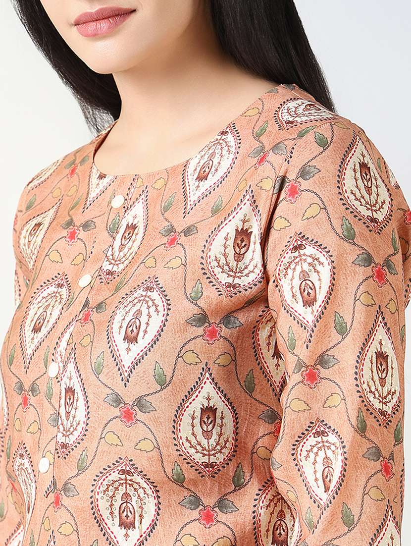 Women Peach Printed Three Quarter Sleeve Straight Kurta - 21721702 -  Standard Image - 5