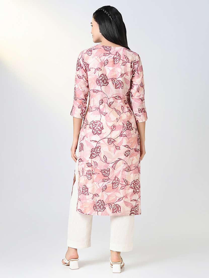 women pink floral printed three quarter sleeve straight kurta - 21721703 - Standard Image - 3