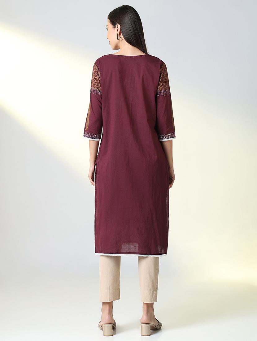women purple printed three quarter sleeve straight kurta - 21721707 - Standard Image - 3