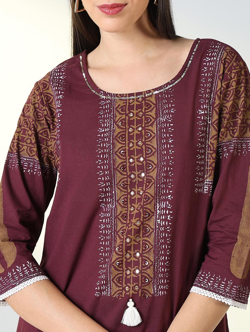 women purple printed three quarter sleeve straight kurta - 21721707 - Standard Image - 5