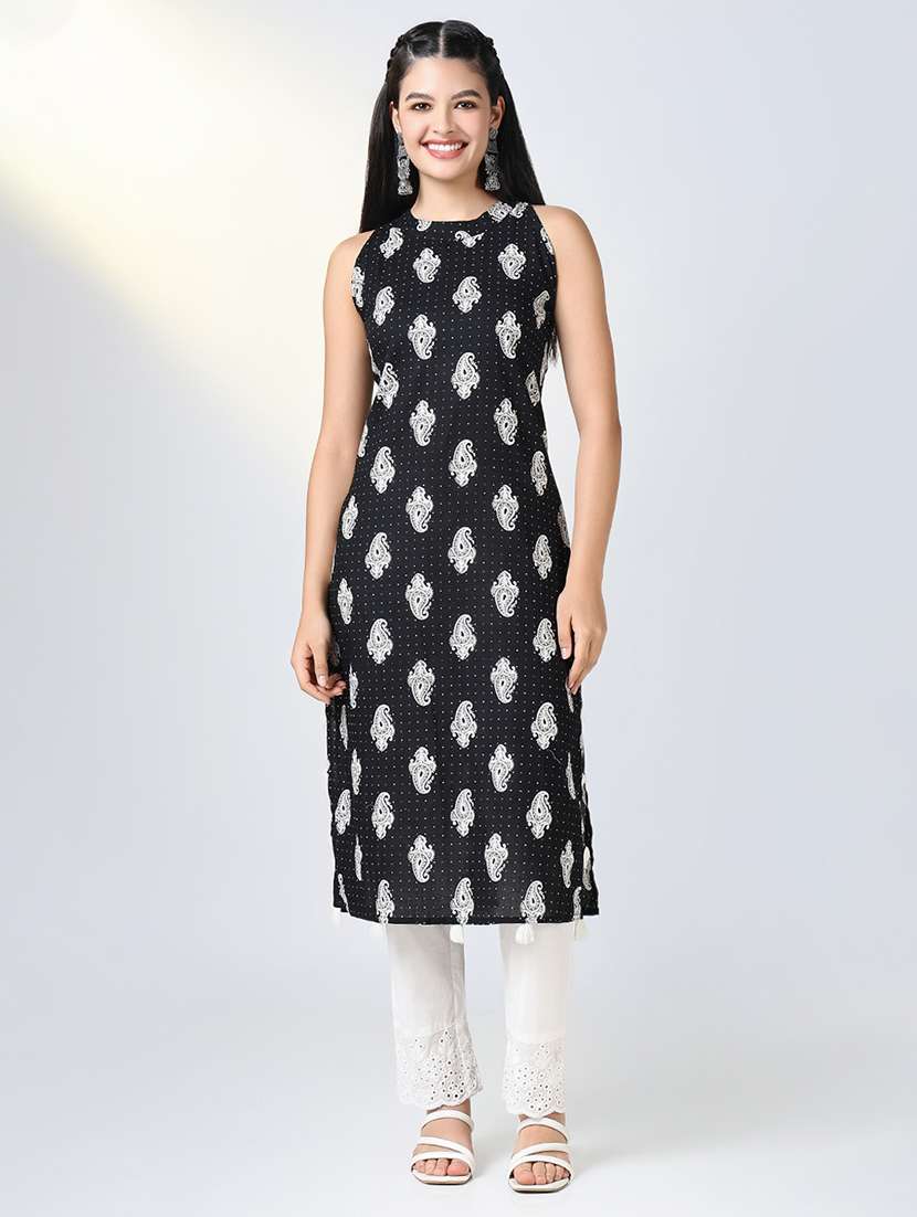 women black paisley printed sleeveless kurta pant set