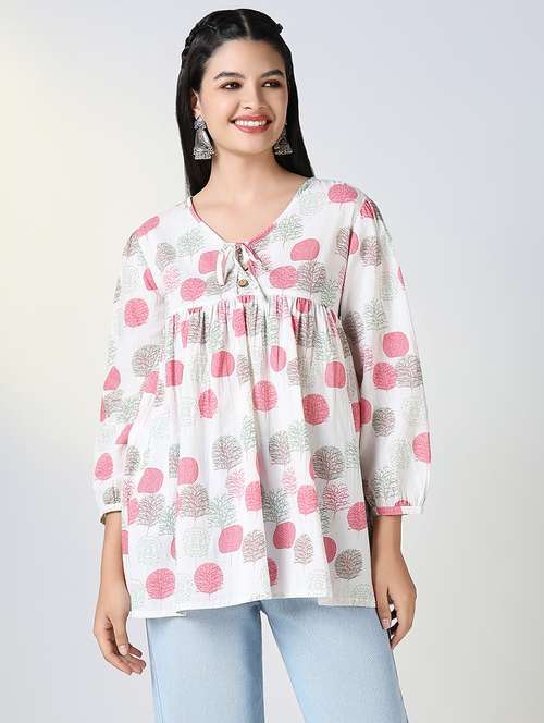 women white printed v neckk a-line kurti - 21721724 - Standard Image - 0
