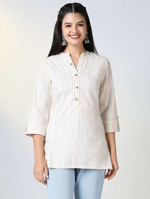 women off white self design rollup sleeve straight kurti - 21721725 -  Standard Image - 0