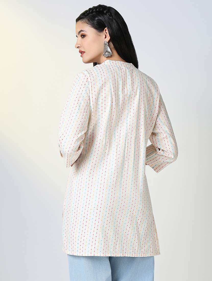 women off white self design rollup sleeve straight kurti - 21721725 -  Standard Image - 3