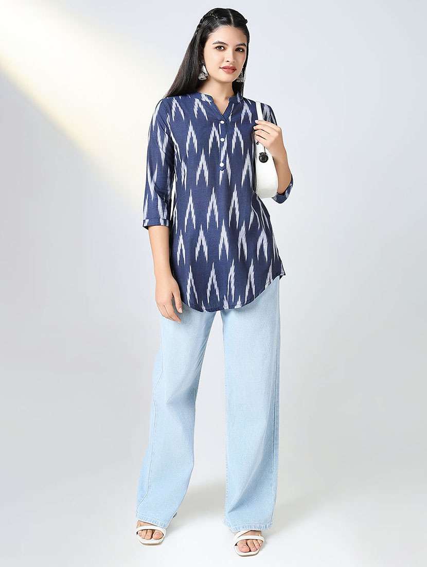 women ikat mandarin neck straight kurti - 21721726 -  Standard Image - 5
