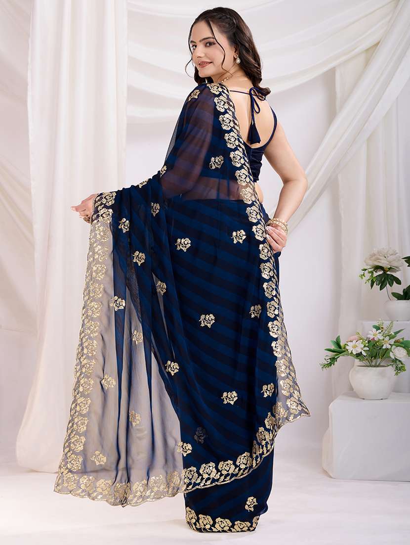 women navy blue embroidered saree with blouse - 21721815 -  Standard Image - 3