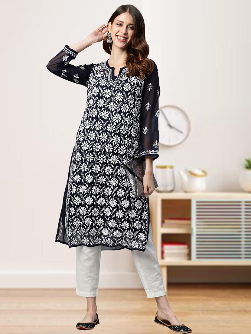 women long sleeve straight chikankari kurta