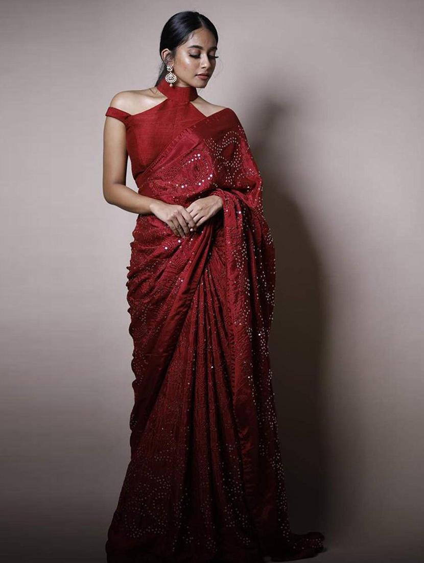 women maroon sequin work embroidered saree with blouse - 21722045 - Zoom Image - 0