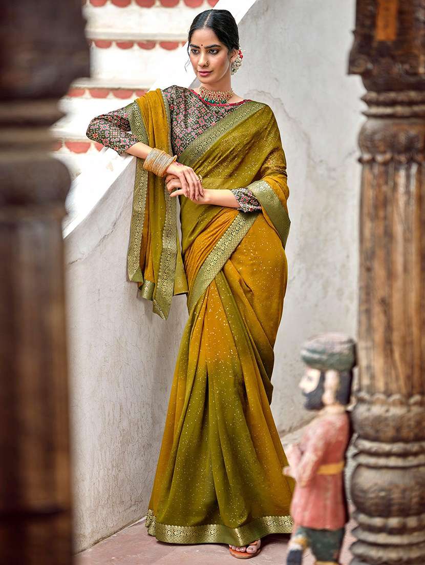 green georgette bordered saree with blouse