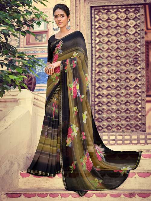 women olive floral printed saree with blouse - 21722098 -  Standard Image - 0