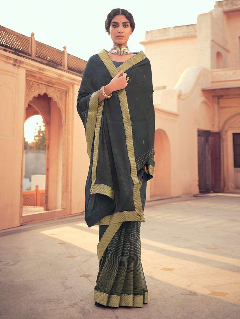 women black printed lace work saree with blouse