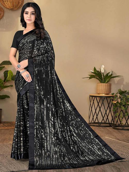 women black sequin work saree with blouse - 21722136 - Standard Image - 0