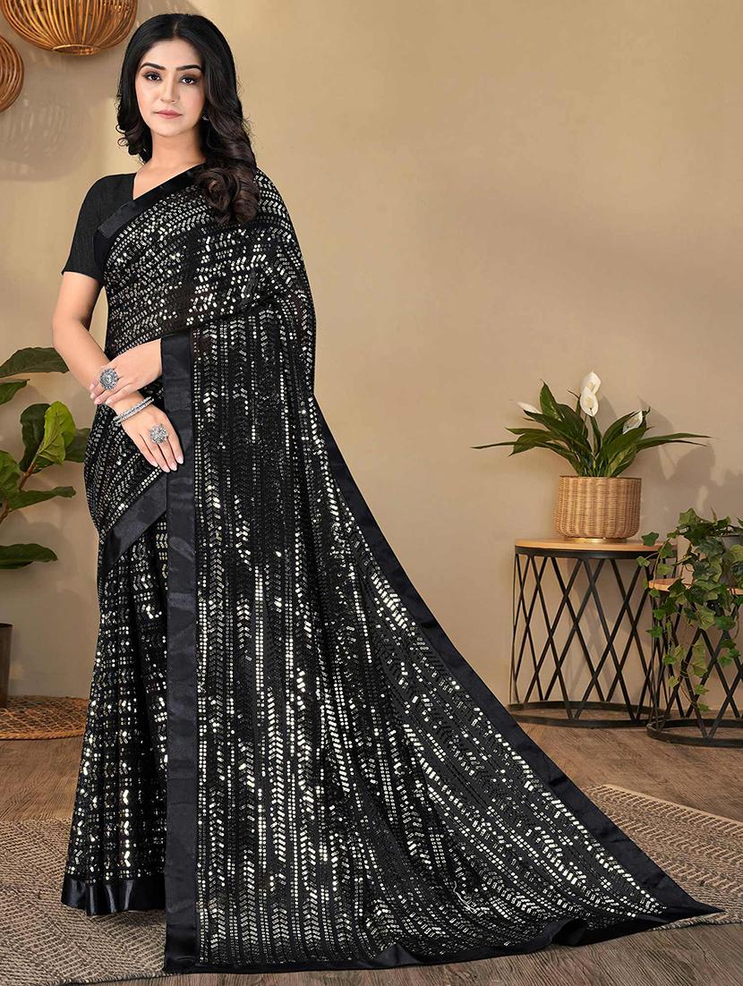 women black sequin work saree with blouse - 21722136 - Zoom Image - 0