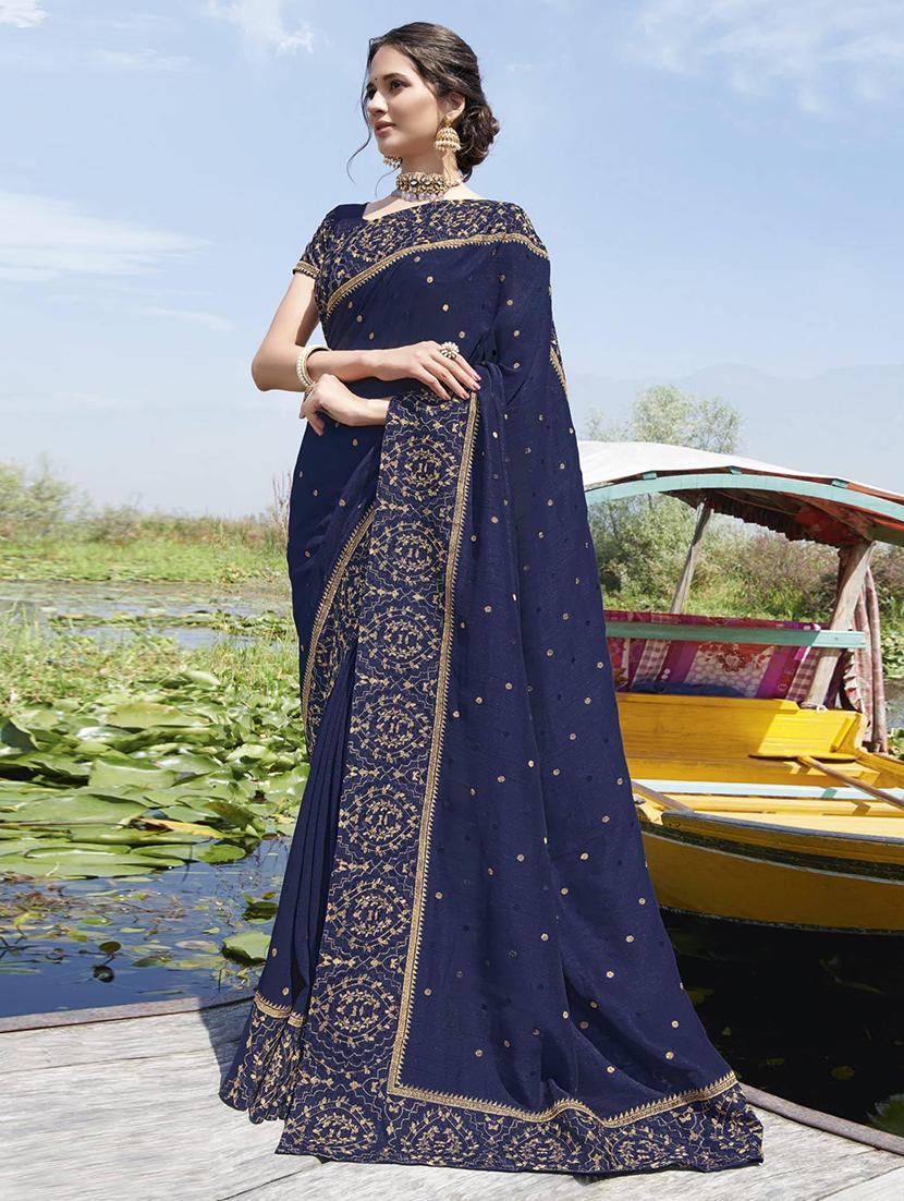 blue self design bordered saree with blouse - 21722316 -  Zoom Image - 0