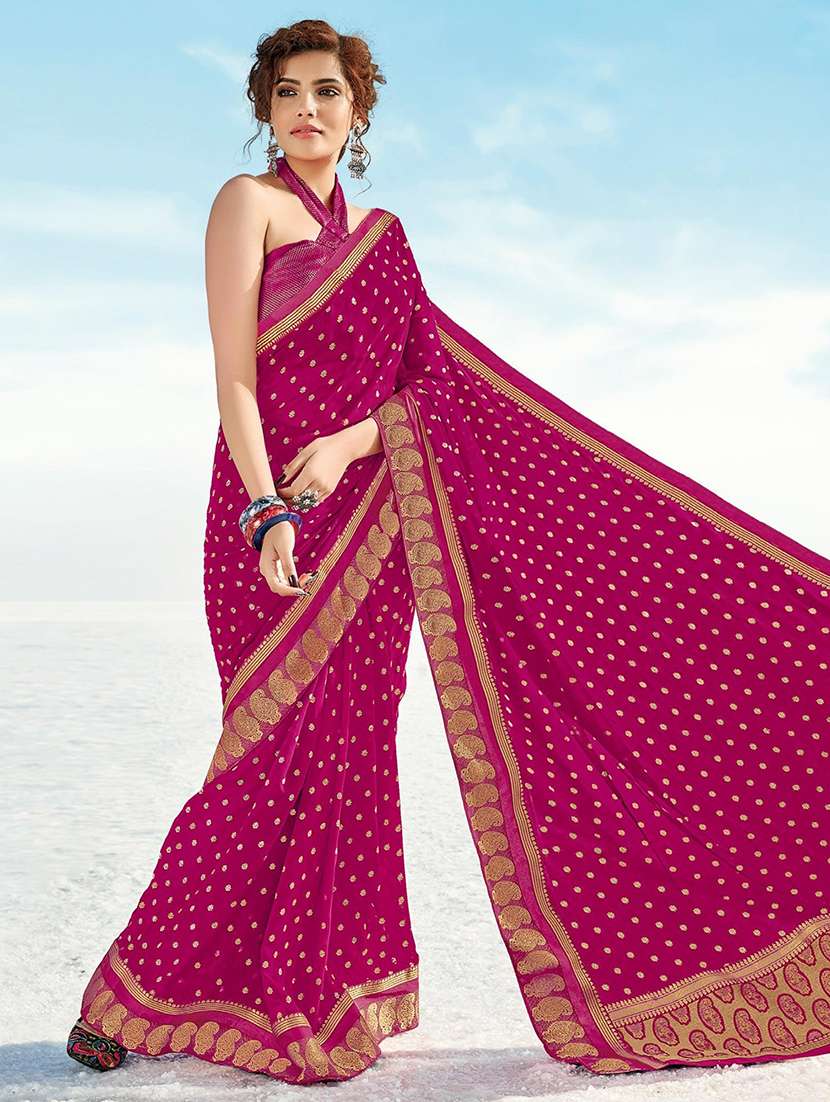 women pink printed bordered saree with blouse
