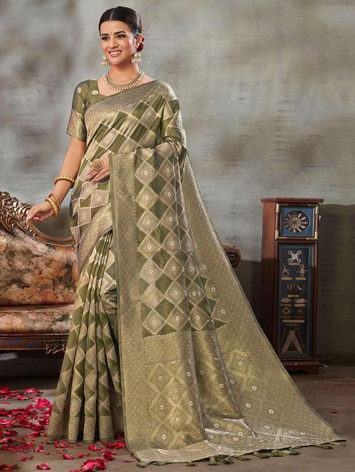 women olive self design banarasi saree with blouse - 21722409 -  Standard Image - 0