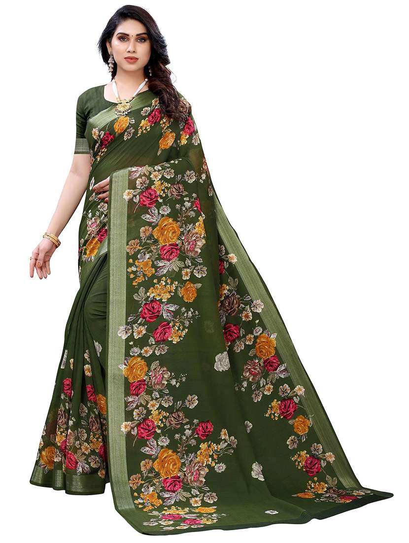 women olive floral printed saree with blouse