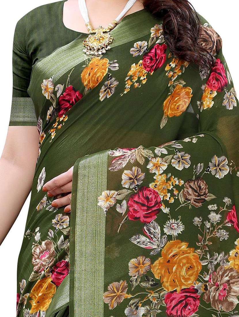 women olive floral printed saree with blouse - 21722489 -  Standard Image - 3