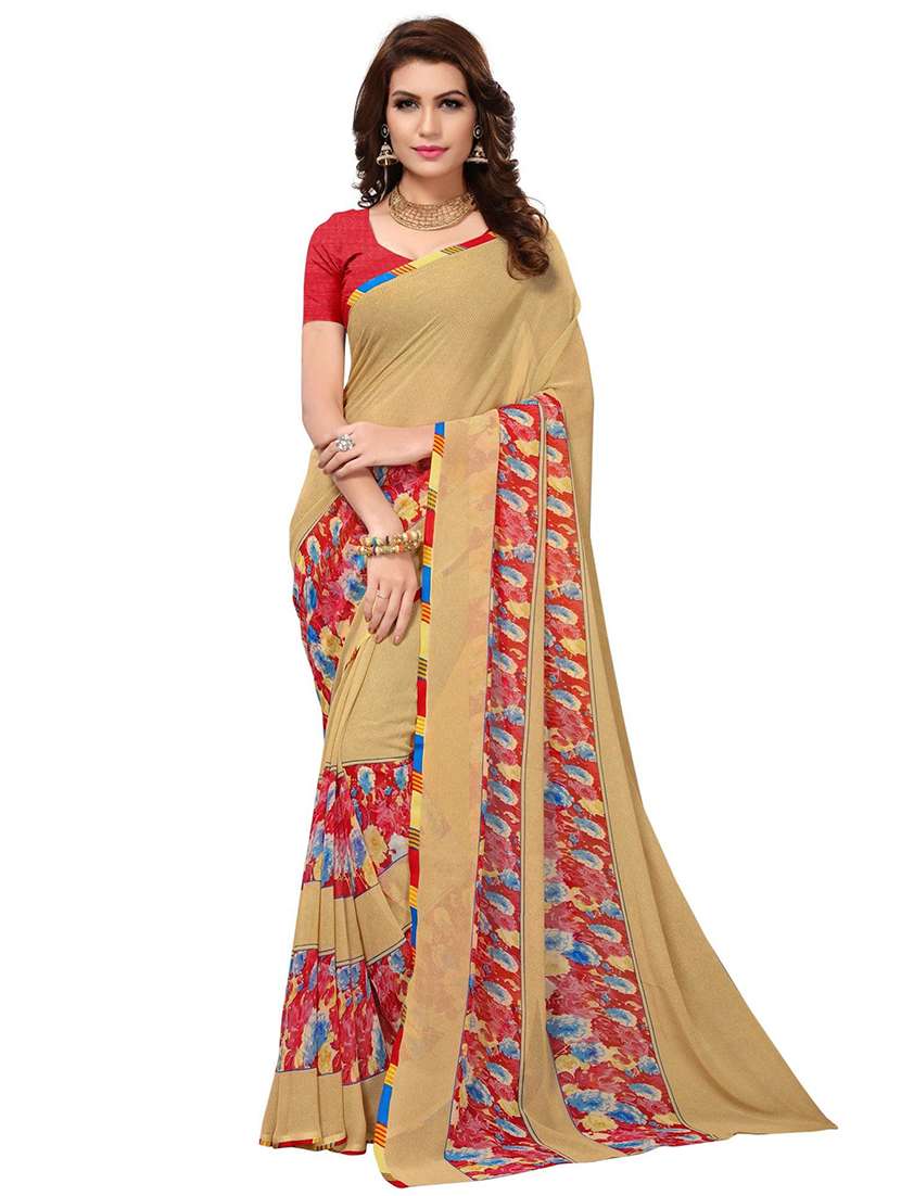 women beige floral printed saree with blouse