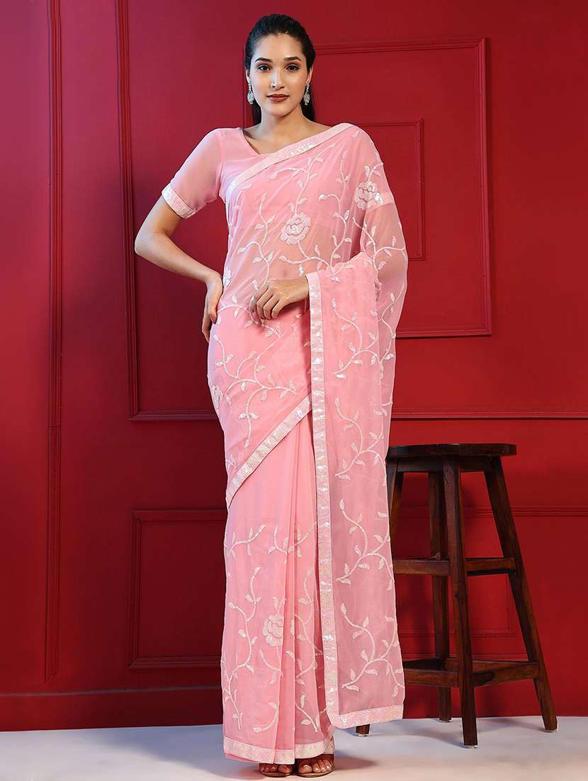 women peach sequin work saree with blouse
