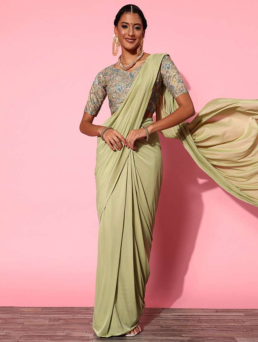 Women Green Plain Saree With Blouse
