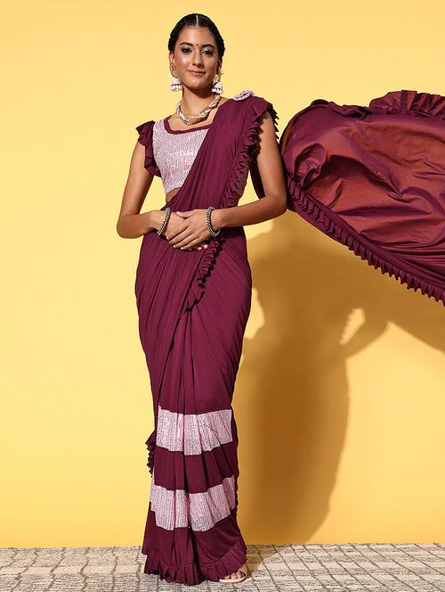 women purple sequin work ruffle saree with blouse - 21723231 -  Standard Image - 0