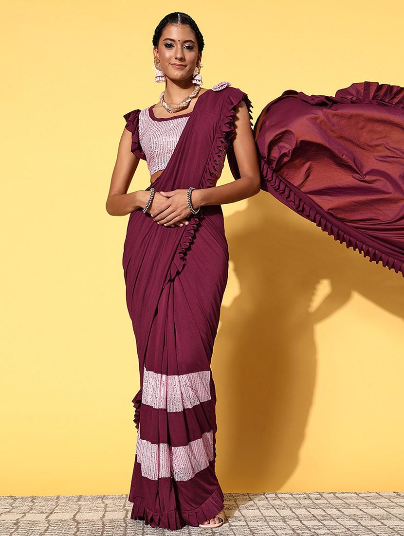 women purple sequin work ruffle saree with blouse - 21723231 -  Zoom Image - 0