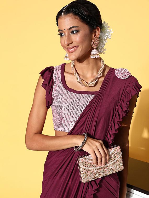 women purple sequin work ruffle saree with blouse - 21723231 - Standard Image - 3