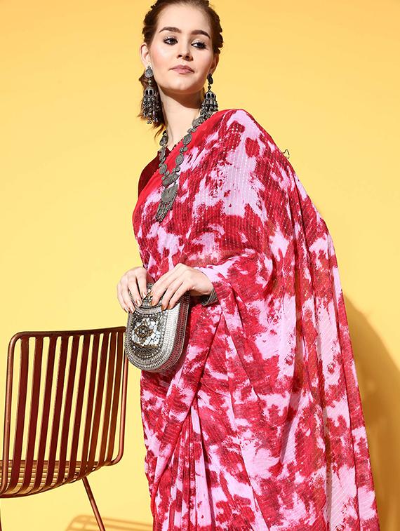 women red printed sequin work saree with blouse - 21723236 - Standard Image - 3