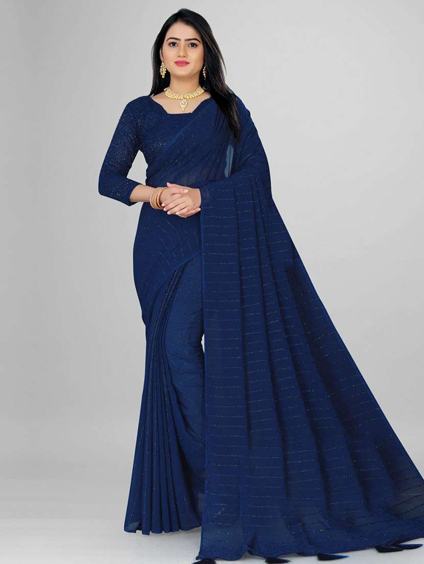 women navy blue embellished saree with blouse
