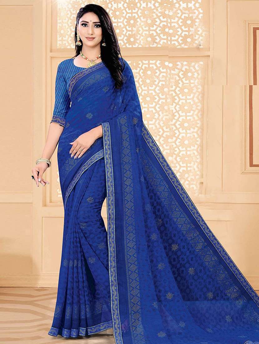 women blue printed embellished saree with blouse