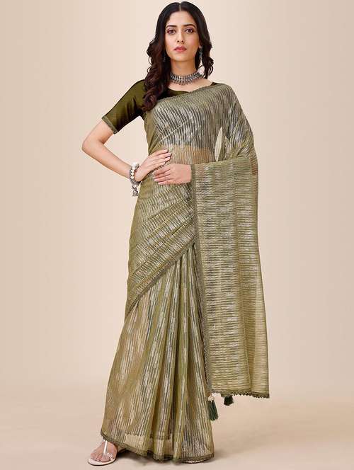 women olive self design lace work saree with blouse - 21723301 -  Standard Image - 0