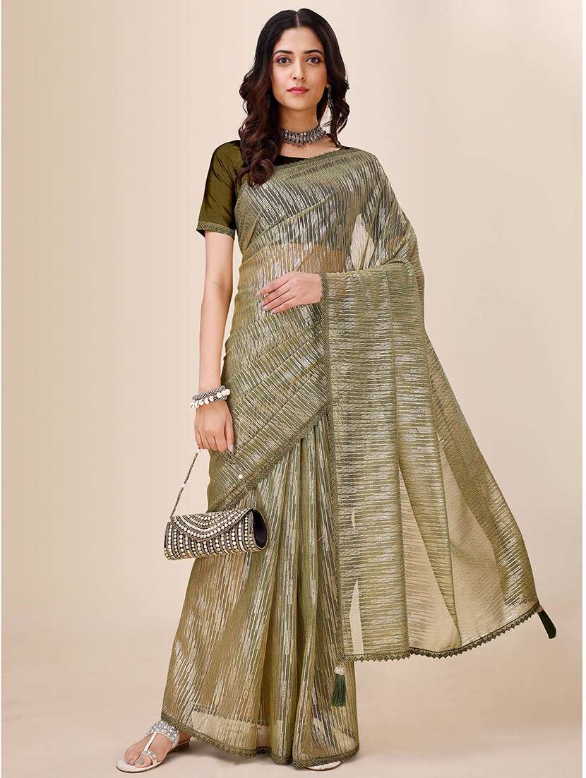 women olive self design lace work saree with blouse - 21723301 -  Standard Image - 3