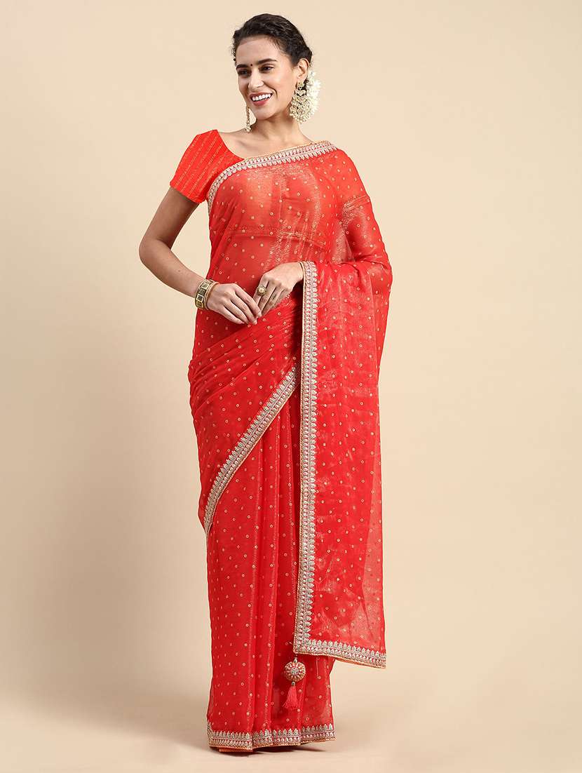 women bandhani printed embroidered saree with blouse