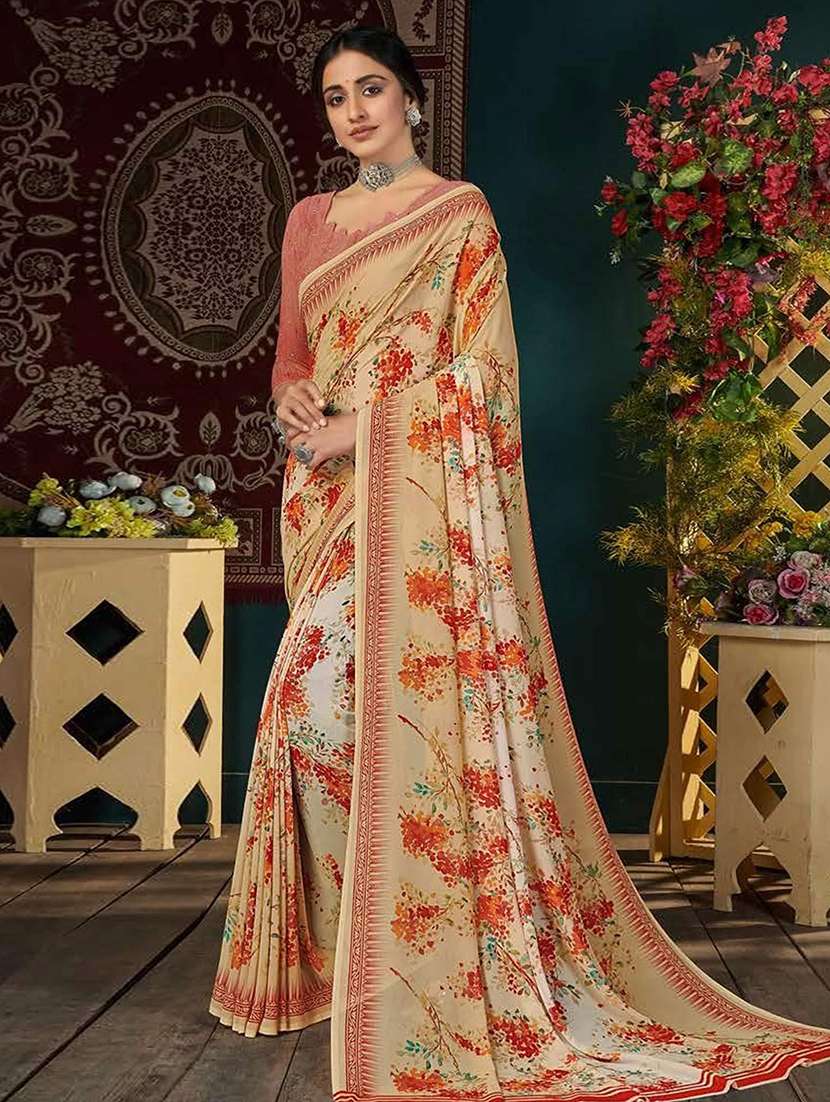 women beige floral printed saree with blouse - 21723469 -  Zoom Image - 0