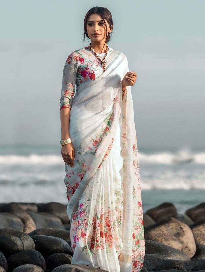 women white floral printed saree with blouse