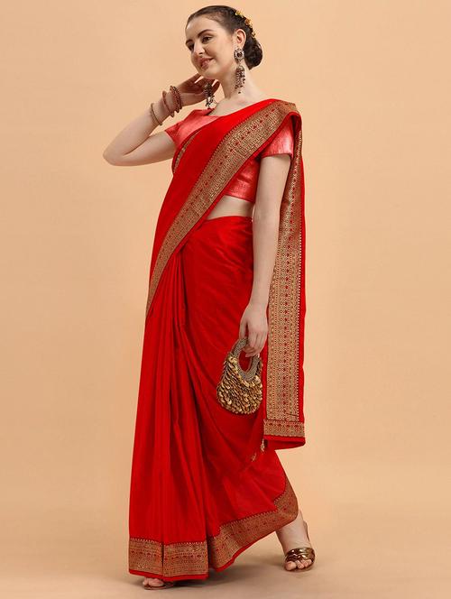 women red solid zari bordered saree with blouse - 21723494 - Standard Image - 0