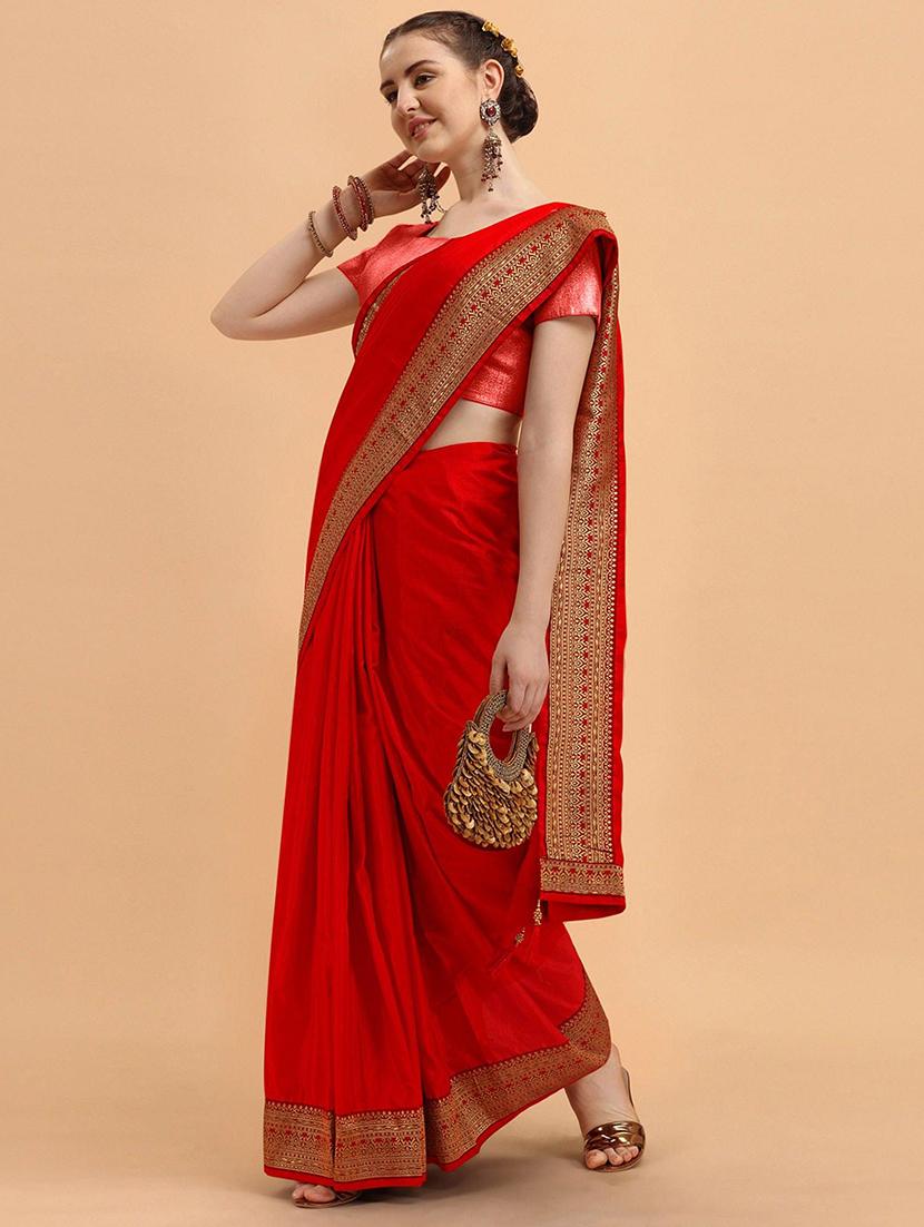 women red solid zari bordered saree with blouse - 21723494 - Zoom Image - 0
