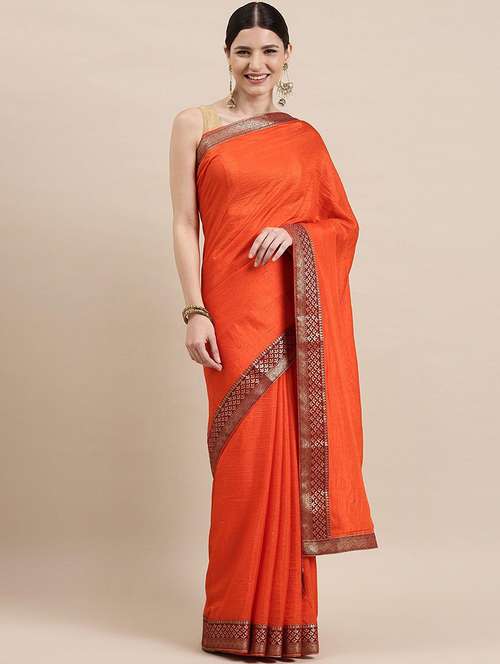 women orange solid zari bordered saree with blouse - 21723525 -  Standard Image - 0