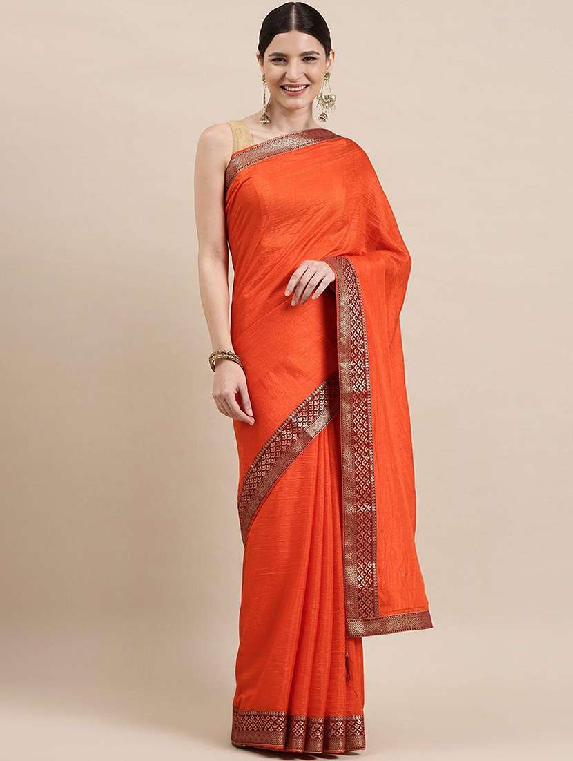 women orange solid zari bordered saree with blouse - 21723525 -  Zoom Image - 0