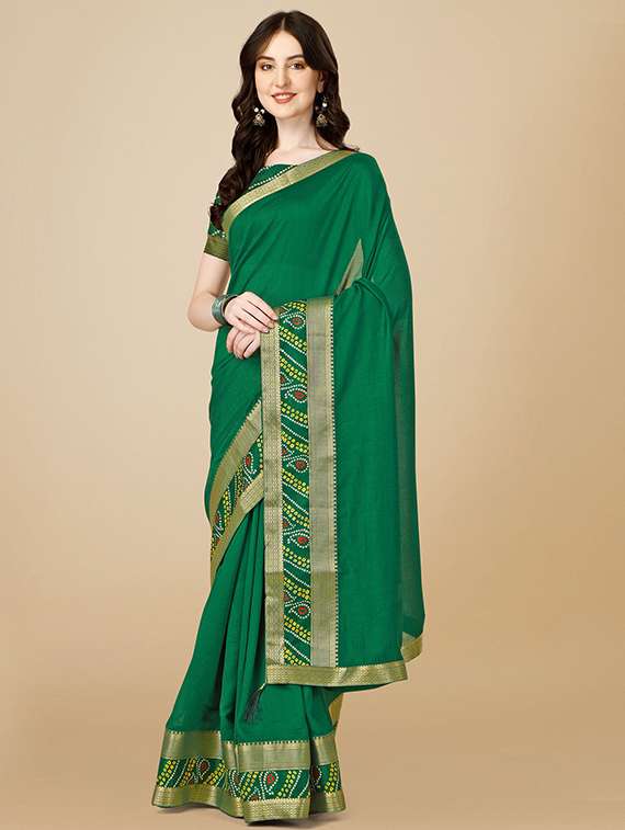 women green solid bordered saree with blouse