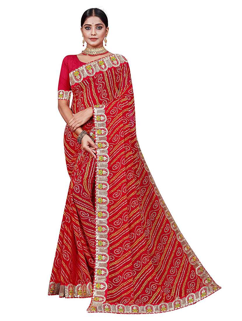 women bandhani printed bordered saree with blouse