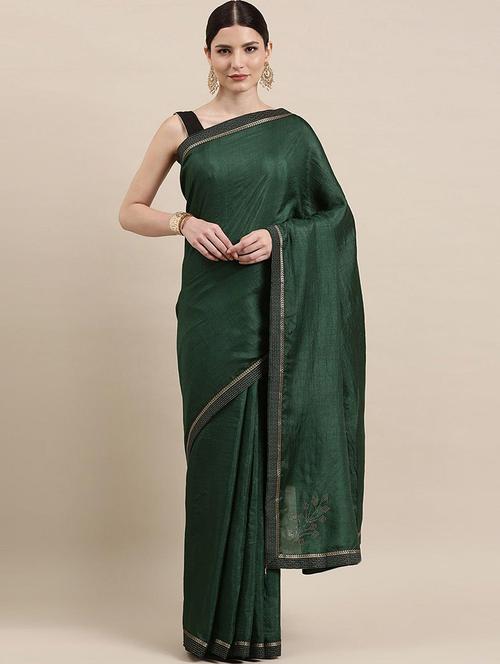 women bottle green solid lace work saree with blouse - 21723540 - Standard Image - 0