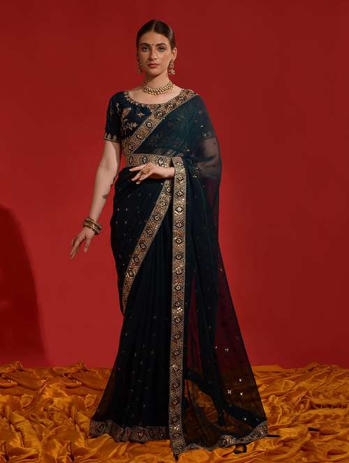 women teal sequin work georgette saree with blouse - 21723580 -  Standard Image - 0