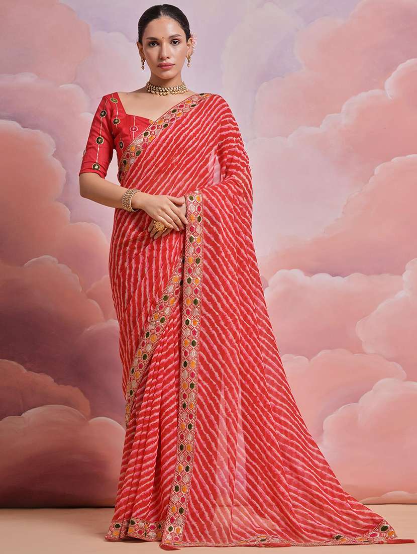 women red leheriya printed lace work saree with blouse