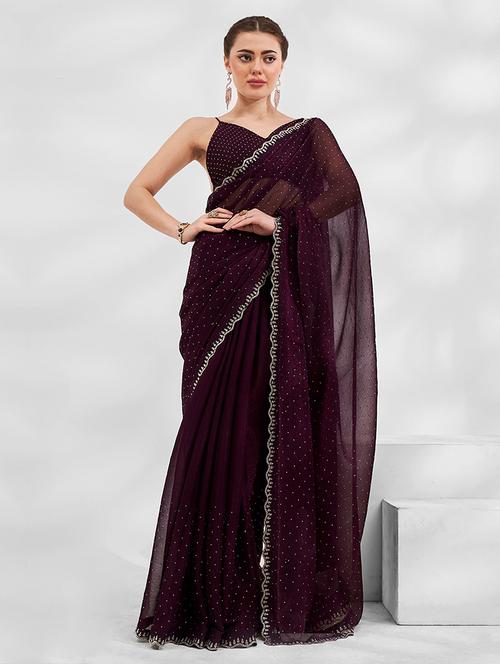 women burgundy embellished saree with blouse - 21723594 - Standard Image - 0