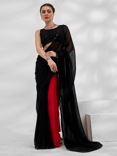 women black solid lace work saree with blouse - 21723596 - Standard Image - 0