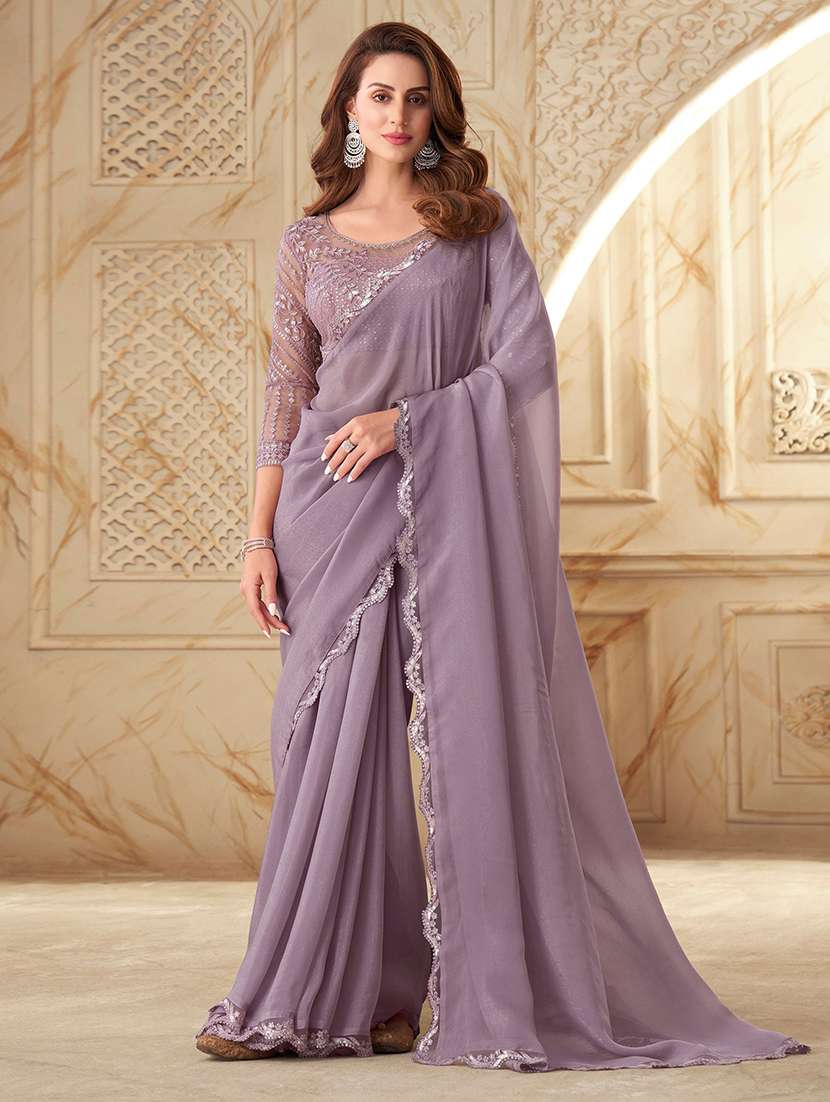 women lavender solid lace work saree with blouse
