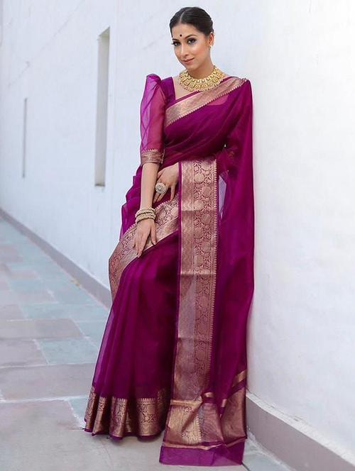 women purple solid zari bordered saree with blouse - 21723693 - Standard Image - 0